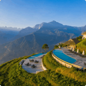 Topas Ecolodge in Sapa, Vietnam, featuring infinity pools overlooking mountain valleys, an award-winning sustainable luxury property ideal for high-end, low-impact travel experiences.