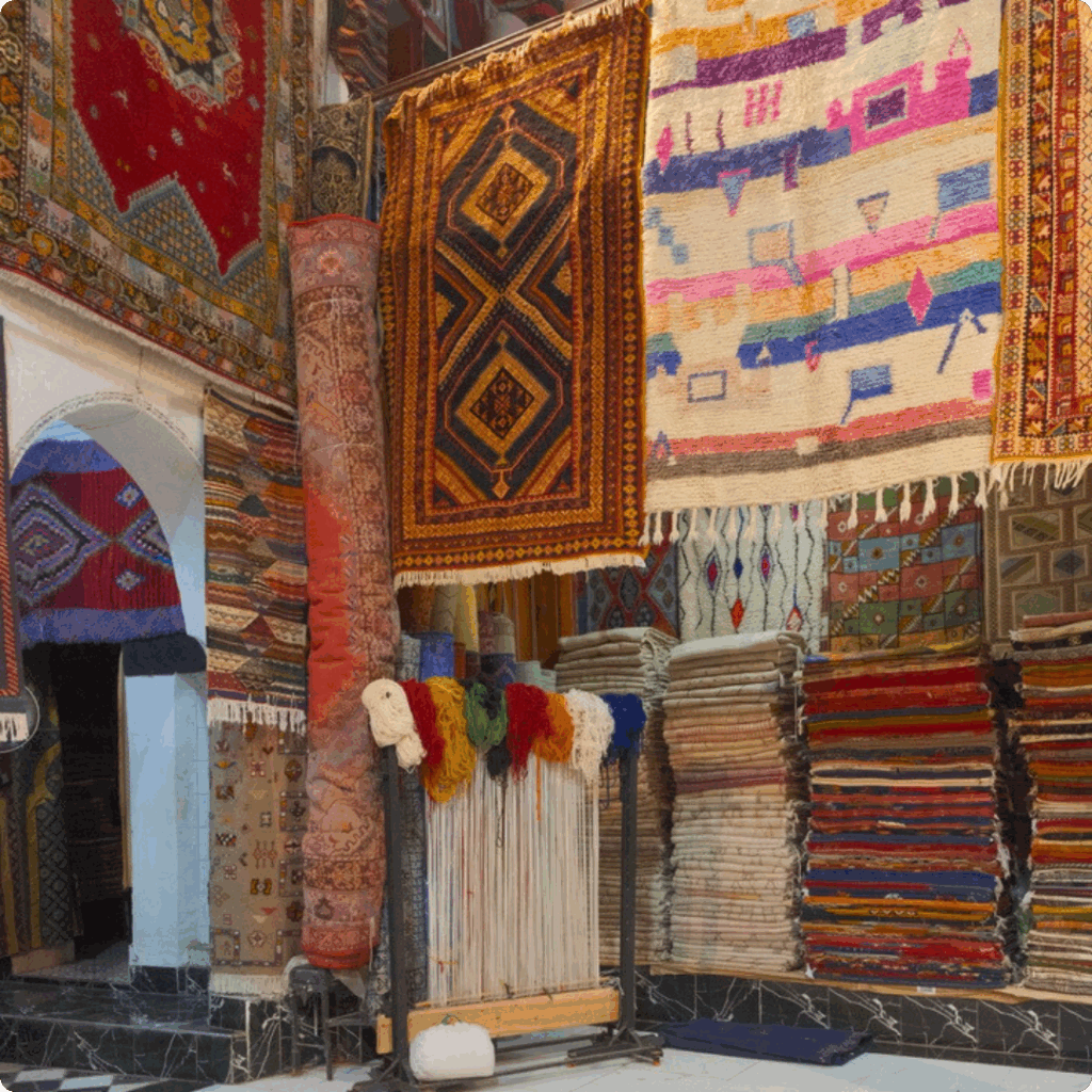 Colourful Moroccan rugs and carpets on display in a Marrakech souk, with intricate patterns, bold designs, and a loom showcasing traditional weaving techniques.