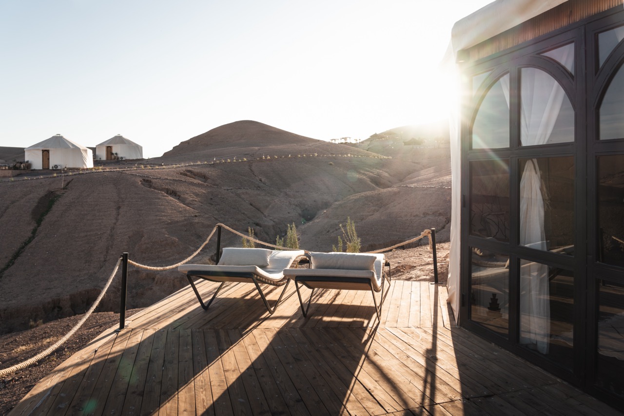 Shared yurt – terrace at sunset